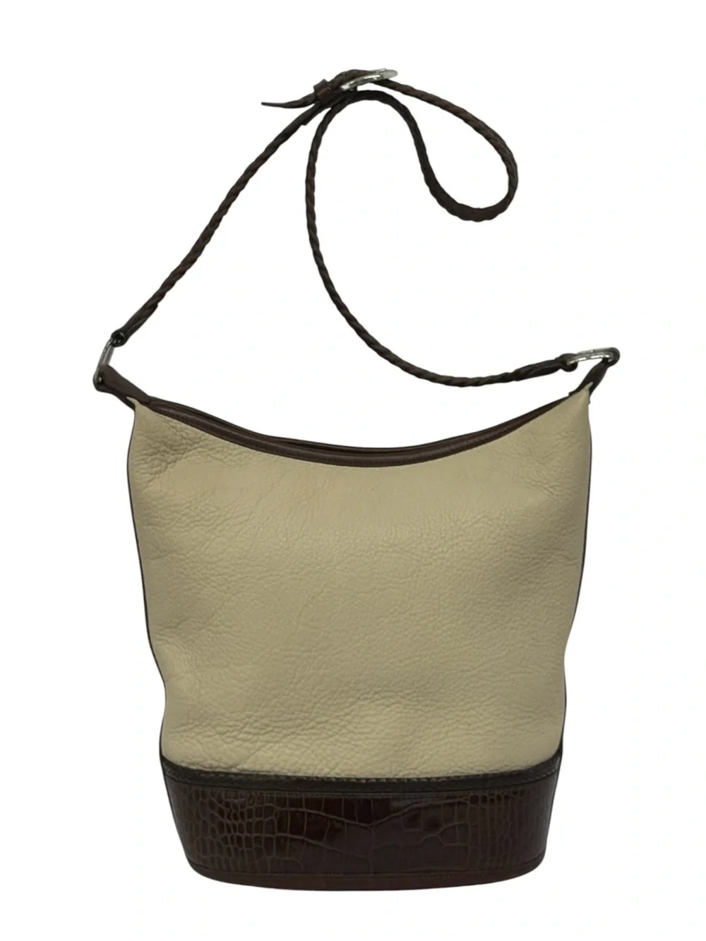 Vintage 1996 Brighton Beige Croc Leather Bucket Crossbody Purse w/Braided Strap
